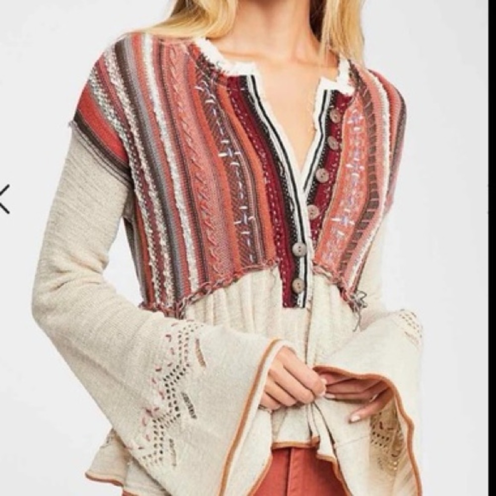Free People Cotton Sweater Large Meadow Lakes Bell Sleeve Boho Baja Stripe